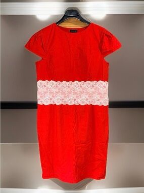 NWT London Dress Co. Women’s Tomato Red Midi Dress w/Cream Lace Waistband-20